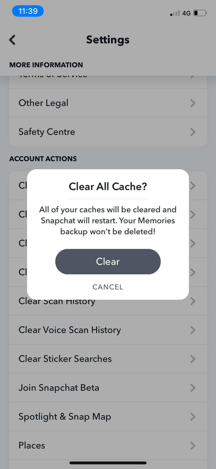 screenshot showing how to clear cache on snapchat