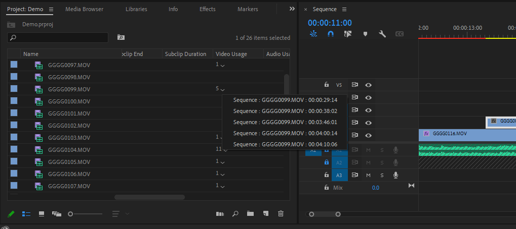 Using the metadata in Premiere to see clip usage