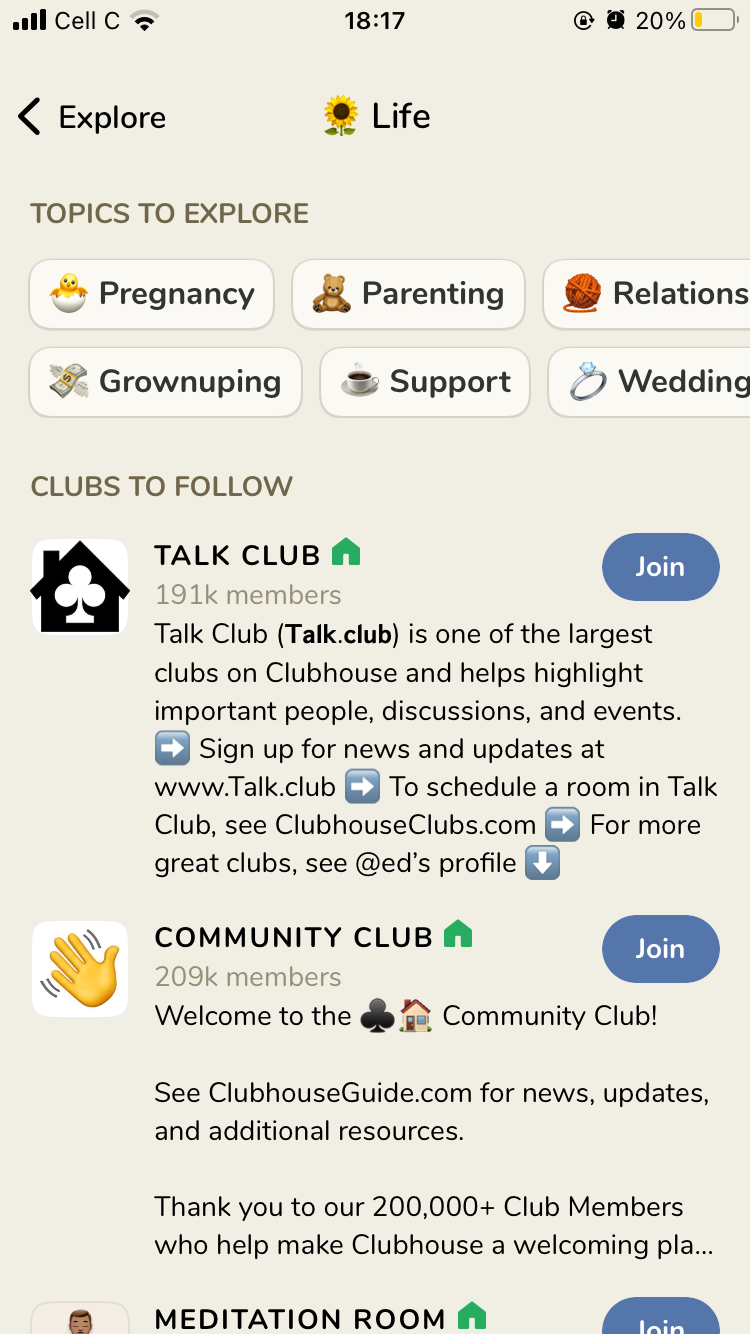 screenshot showing clubhouse topics