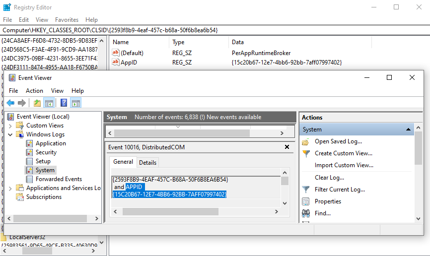 comparing the appid in registry and event viewer