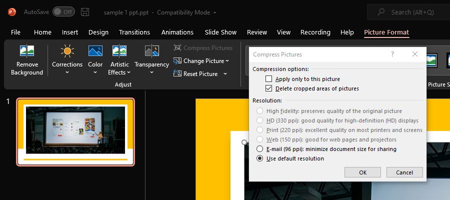 compressing images in Microsoft PowerPoint