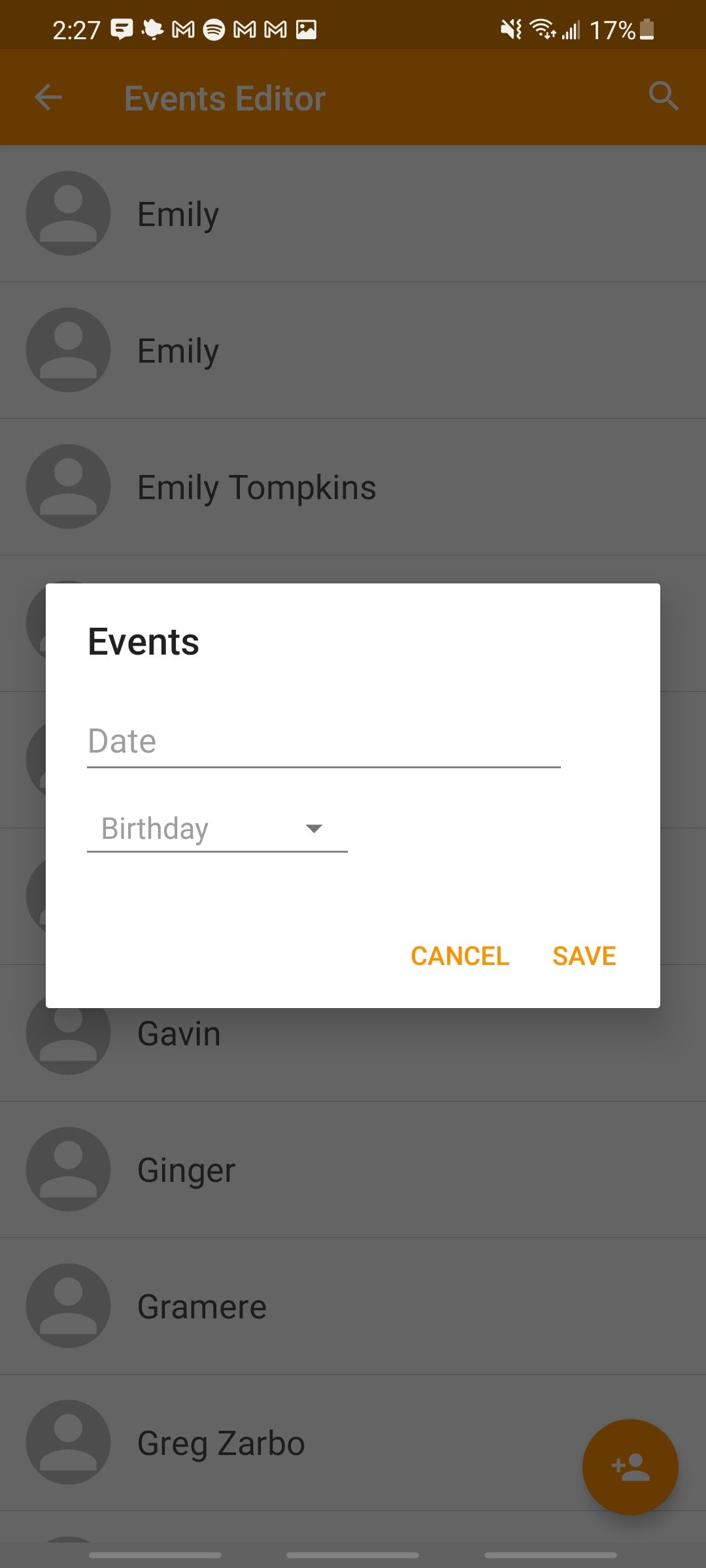 contacts birthdays apps adding a new event entry