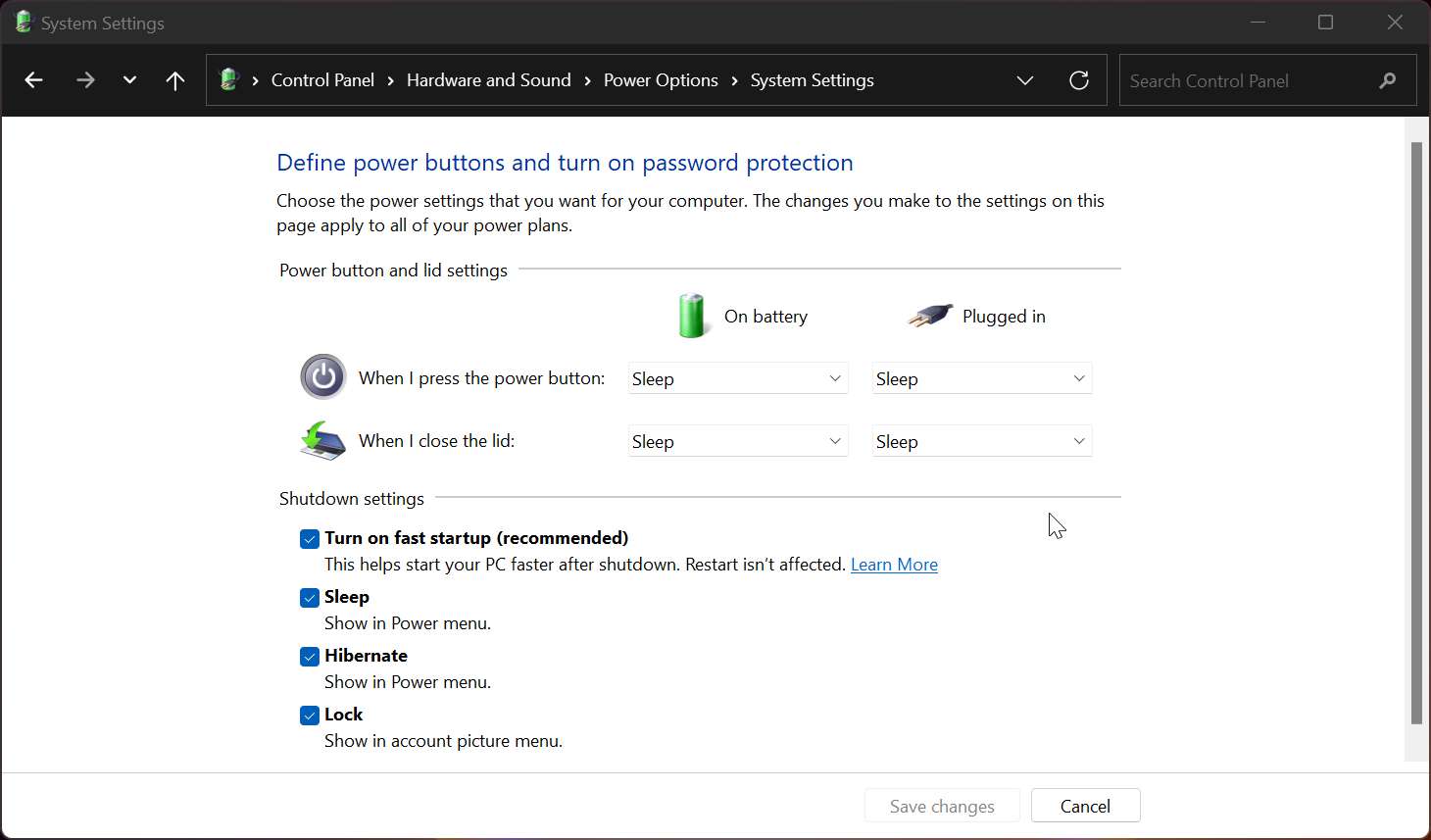 enable disable fast startup control panel