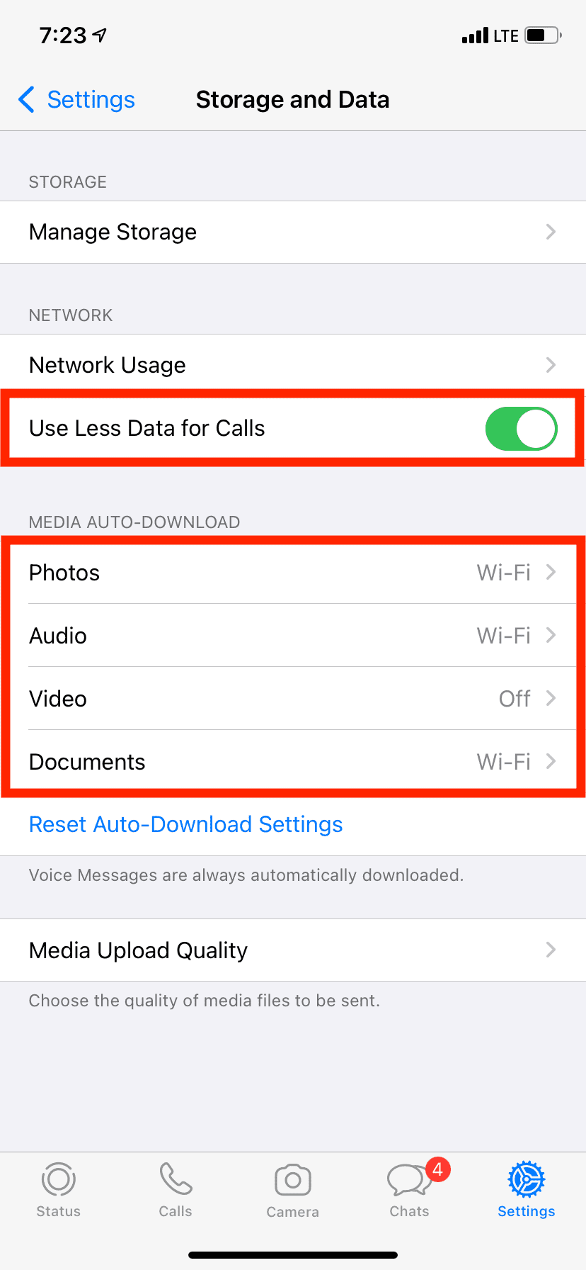 Enable Use Less Data for Calls in WhatsApp Settings on iPhone