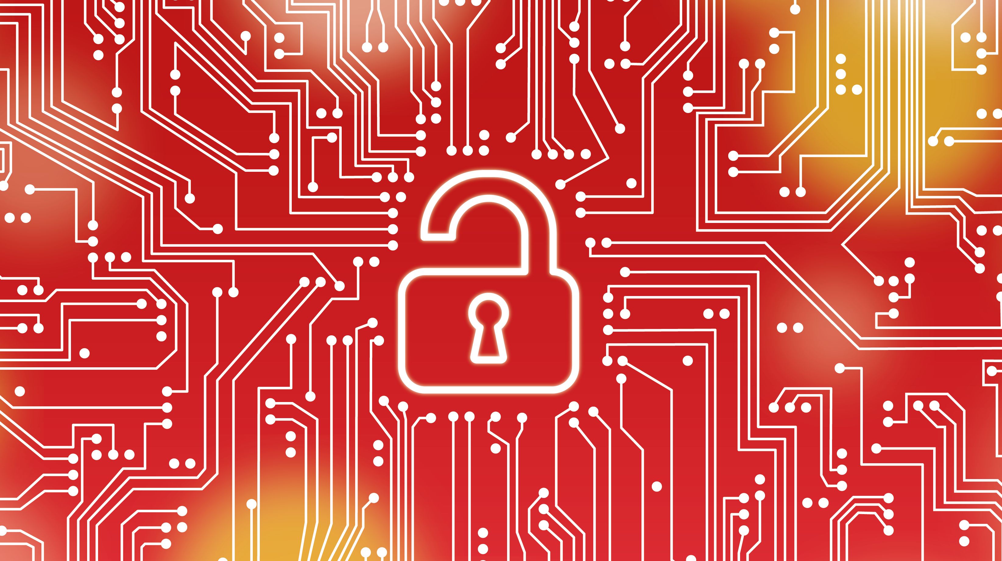 Digitalized lock on red background illustrating encryption.