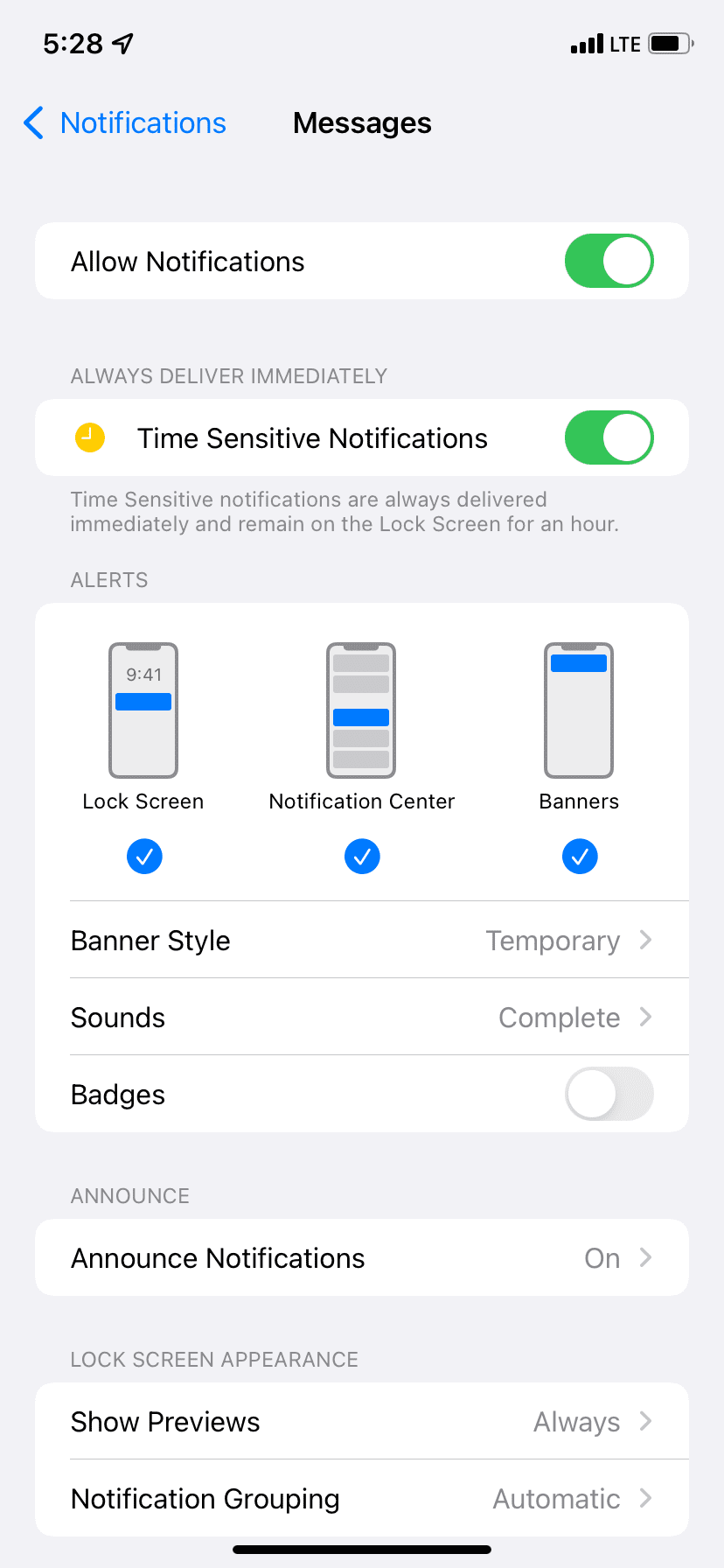 Ensure all Messages app notification settings are enabled