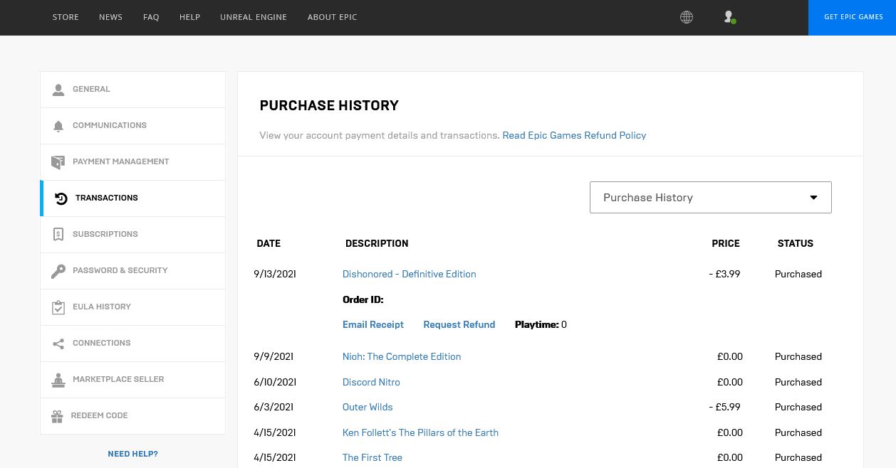 epic games purchase history