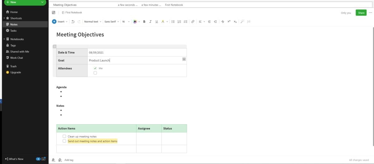 Screenshot of Evernote meeting agenda template