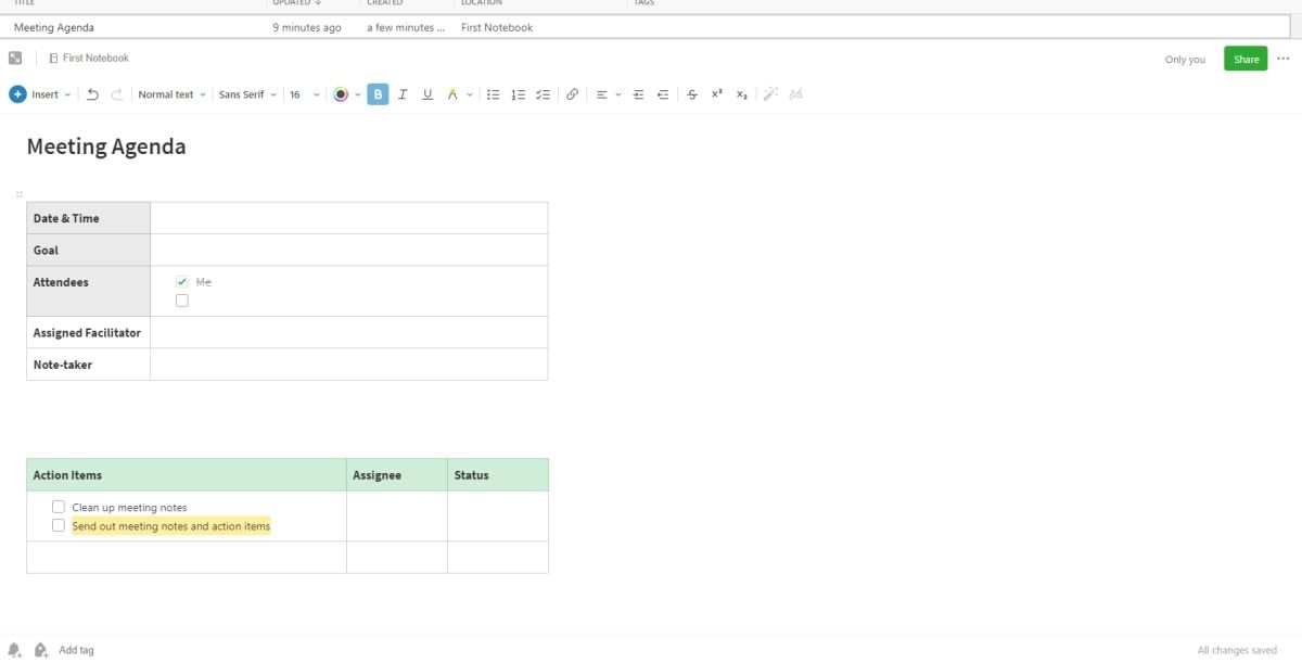 Screenshot of Evernote meeting agenda