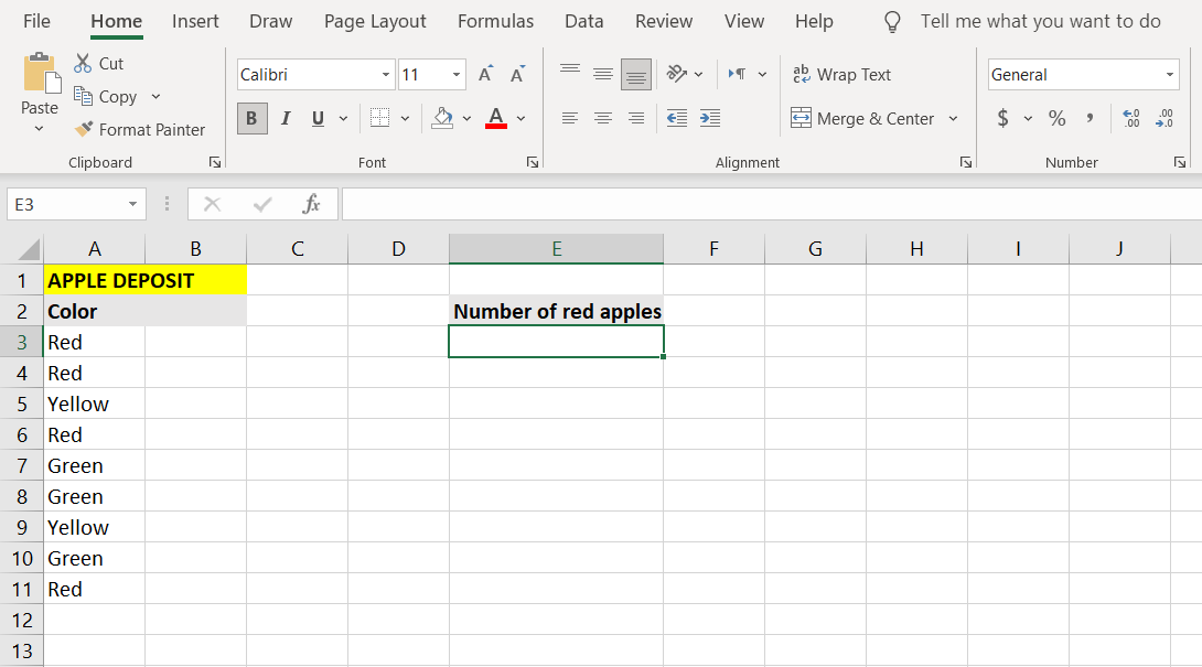 An example for COUNTIF in Excel.