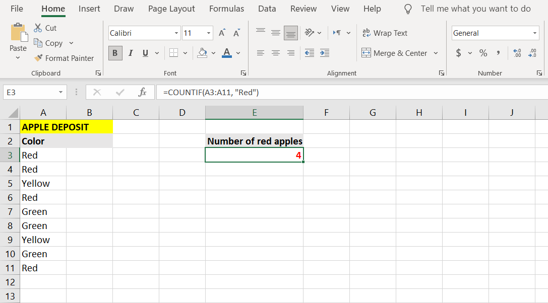 Excel COUNTIF example results.