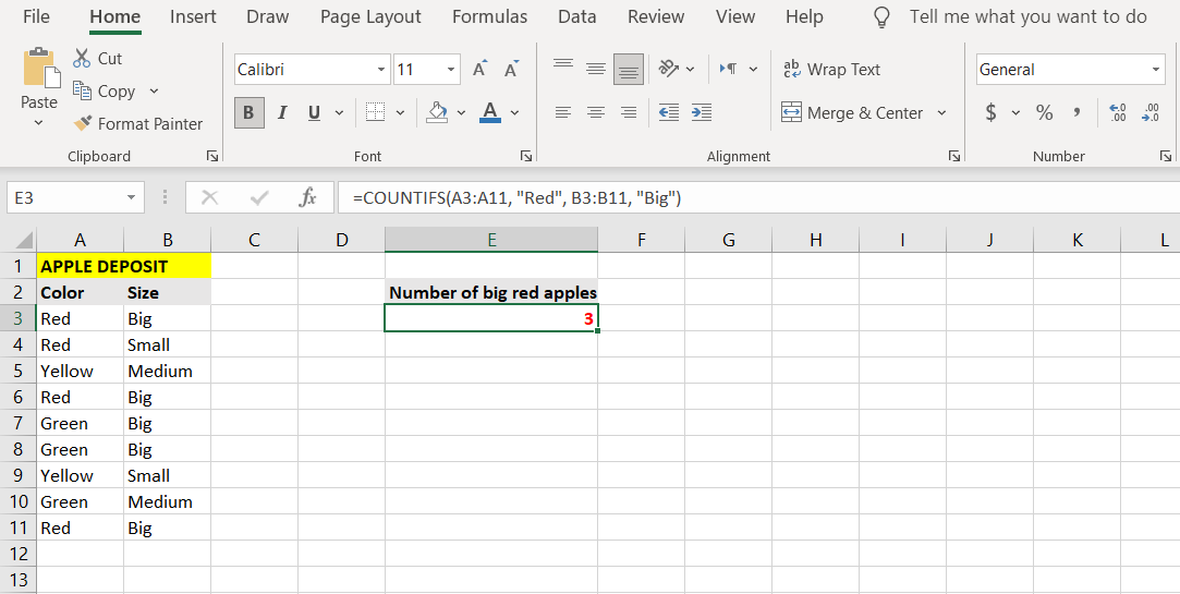 Excel COUNTIFS example results.
