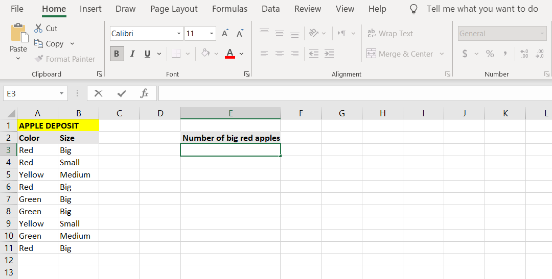 COUNITFS example in Excel.