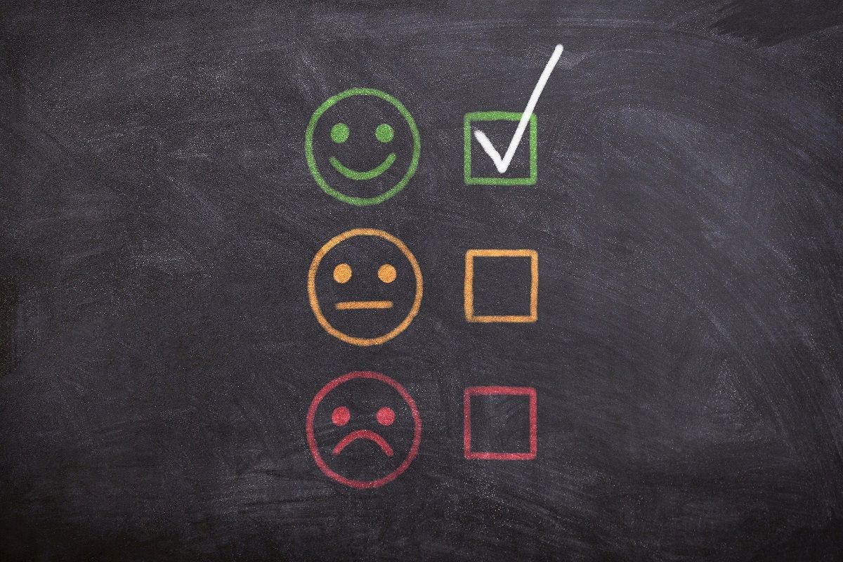 Image of Green, Amber and Red Smiley Faces on Blackboard with Tick Next to Green