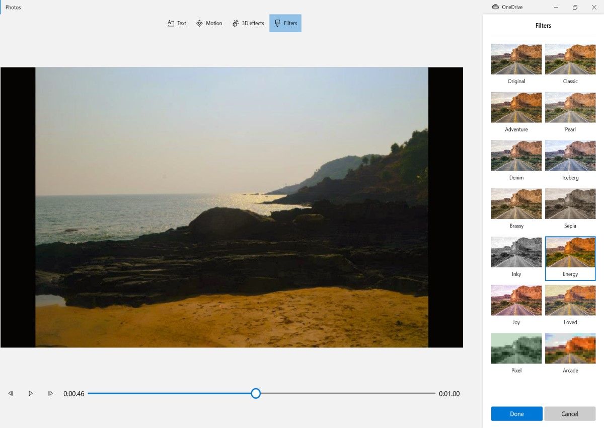 filters available on Windows Video Editor