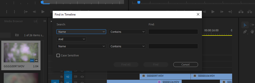 You can search the Timeline in Premiere using Ctrl + F