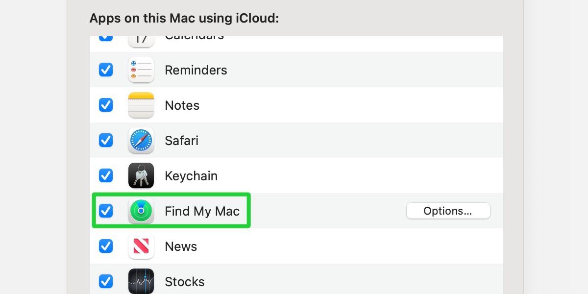 iCloud preferences window in macOS with Find My Mac highlighted.