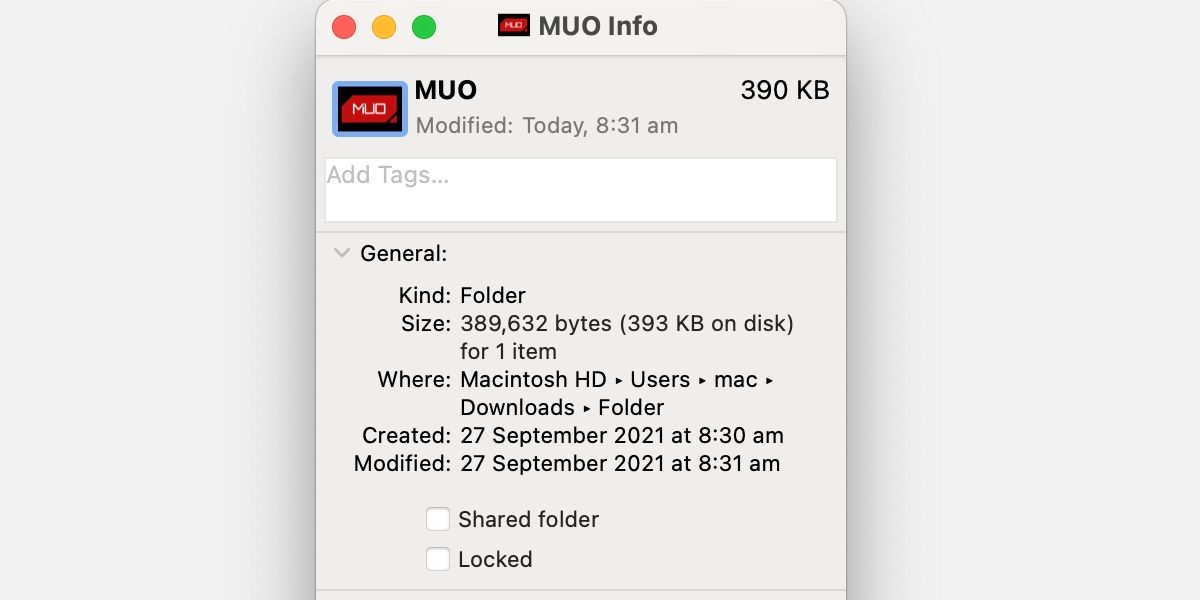 Get info window with folder icon changed to MUO logo.