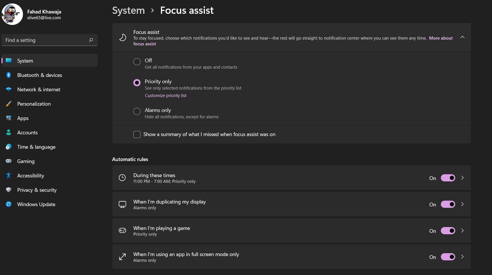 focus assist in windows 11