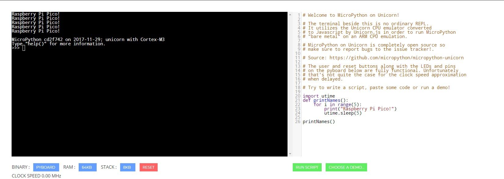 for loops on rasberrypi pico micropython example with unicorn emulator