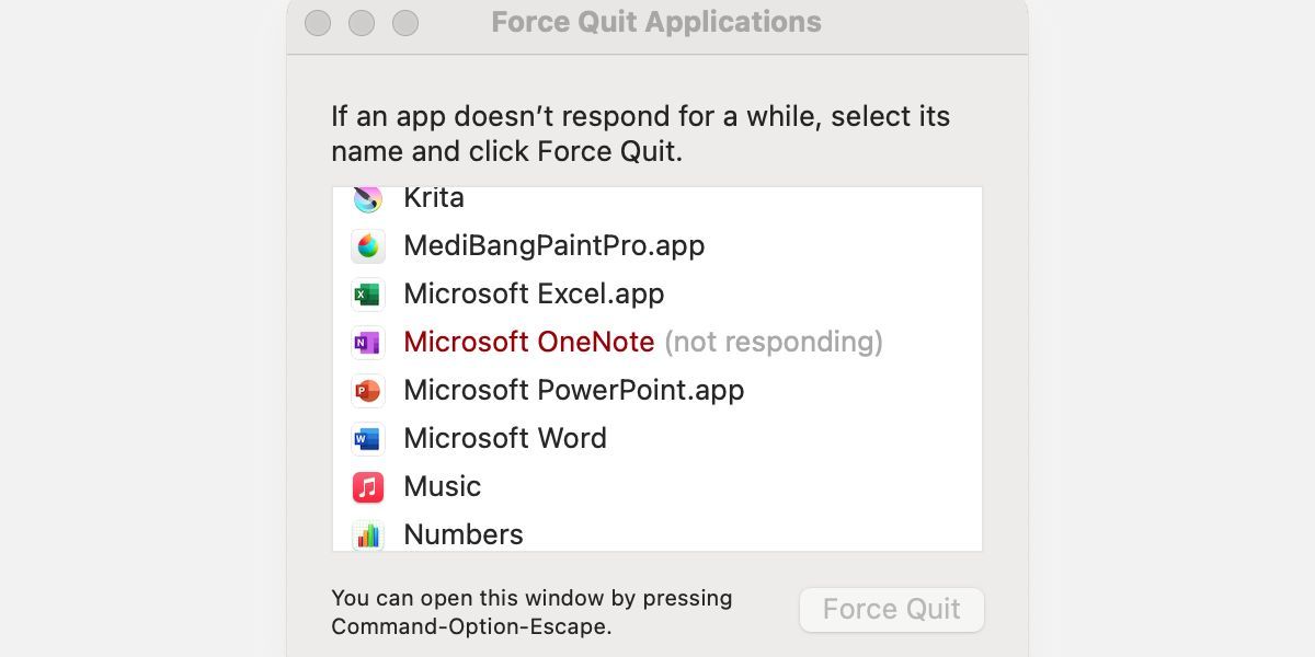 Mac force quit window with Microsoft One Note not responding.