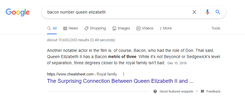 Google calculates the Bacon Number of any celebrity instantly.