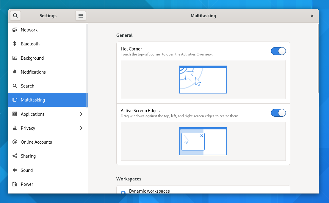 GNOME 41 system settings multitasking