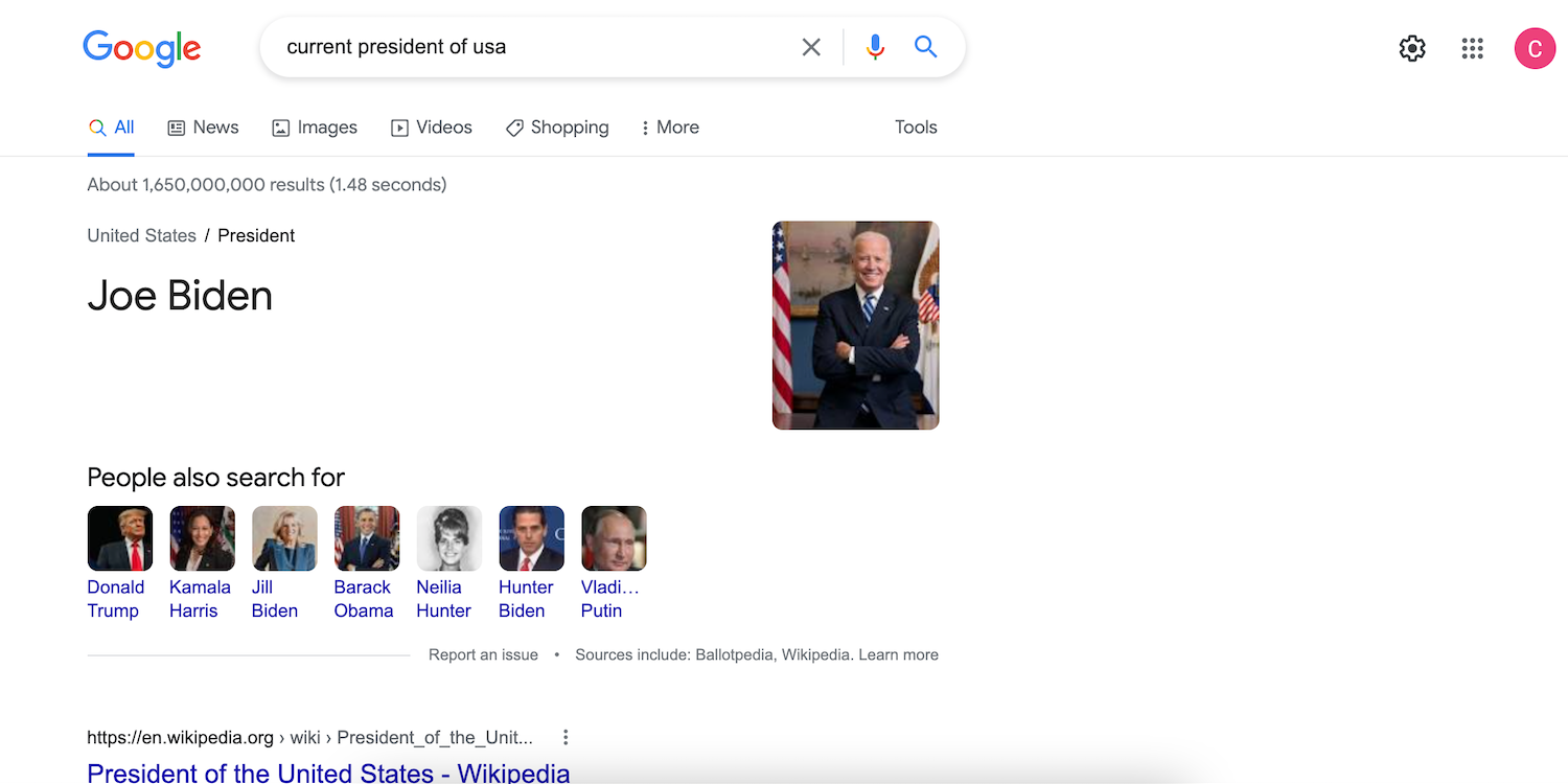 current usa president on google search