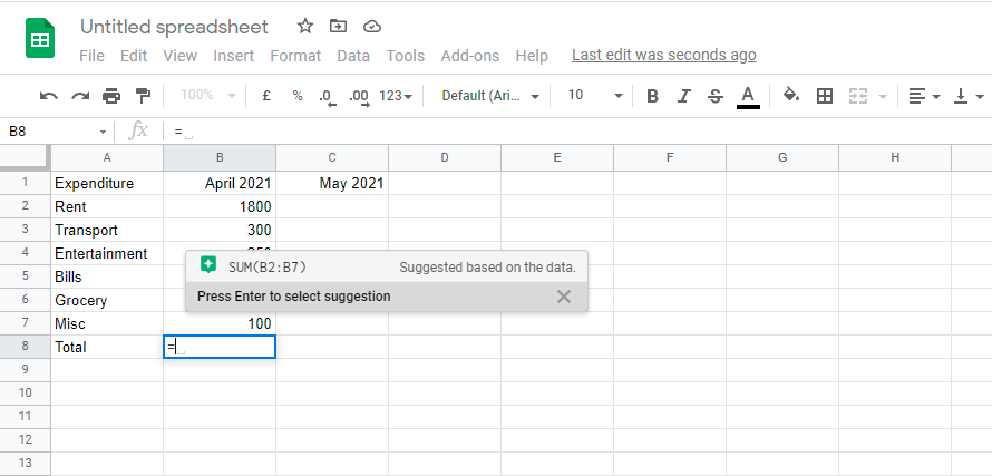 Google Sheets shows smart formula and function suggestions
