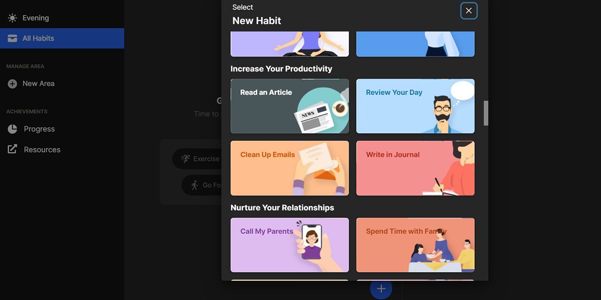 A visual showing options for productivity habit on Habitify