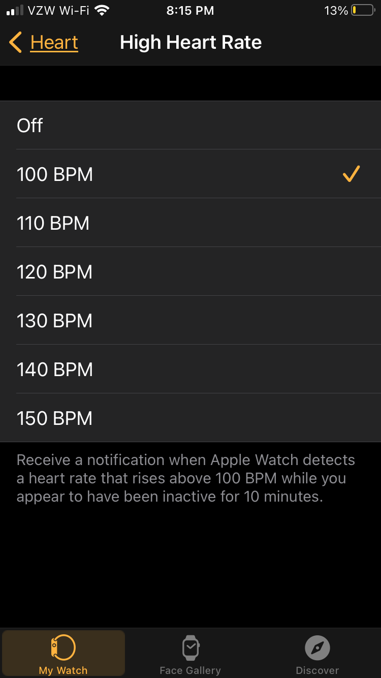 High heart rate notifications menu with 100PM selected