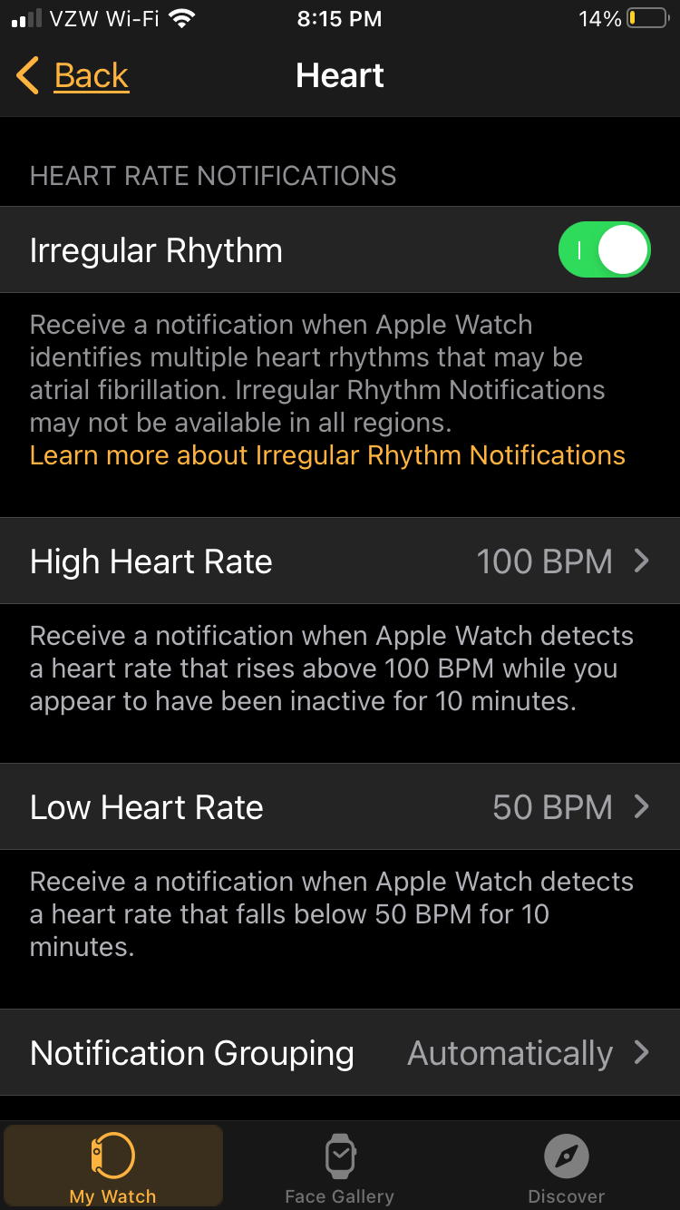 Settings menu for heart rate notifications with notifications toggled on