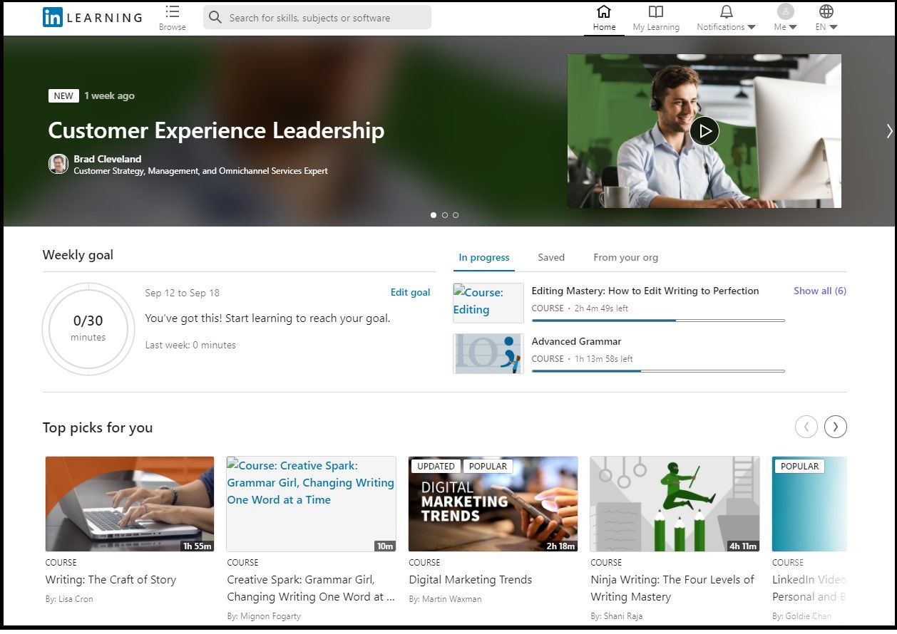 home-screen of LinkedIn Learning