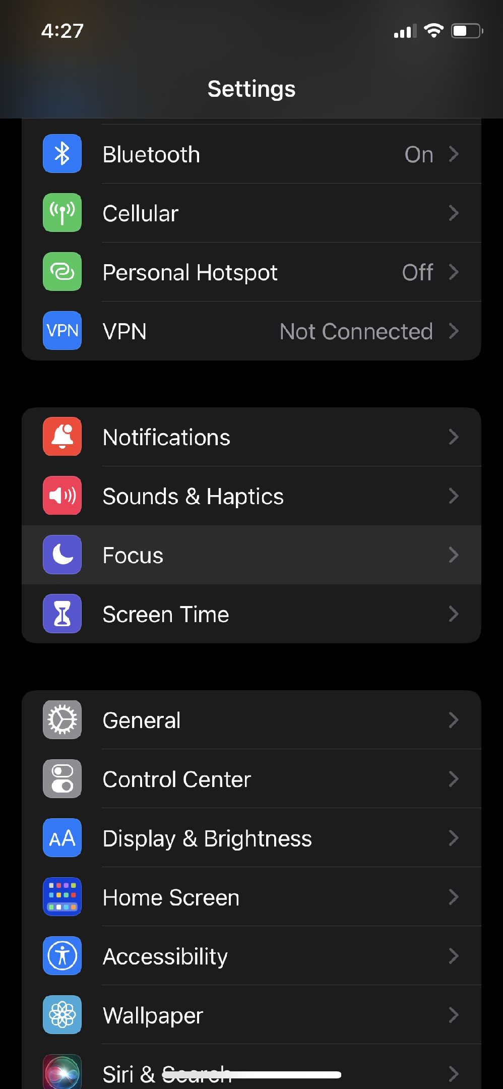 iOS 15 settings menu