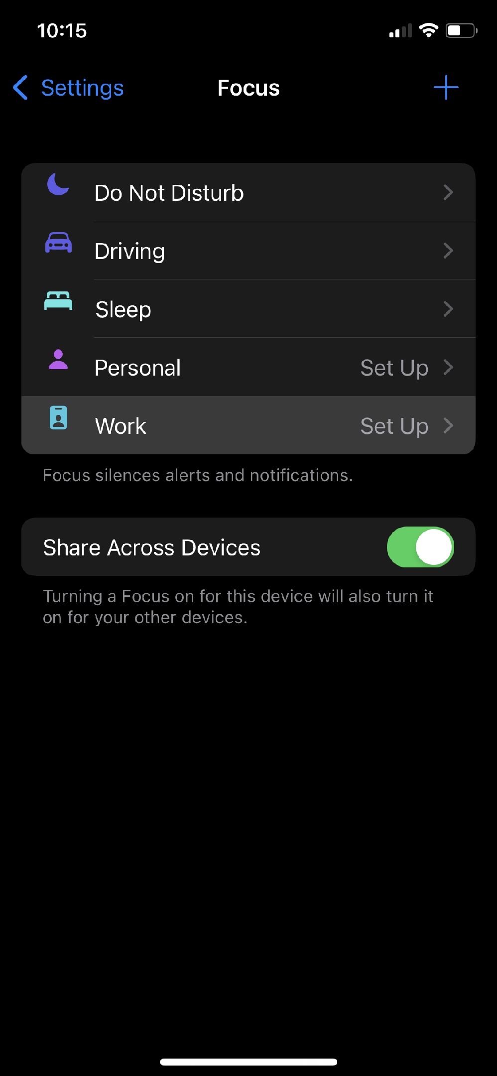iOS 15 Focus settings menu
