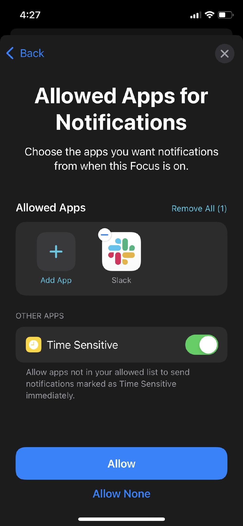 Focus mode notification filter for apps