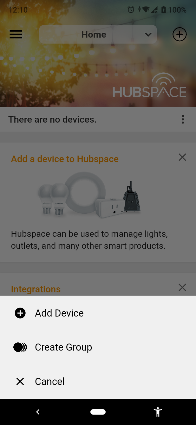 Hubspace app showing add device option