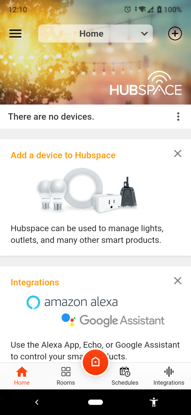 Hubspace app showing home screen
