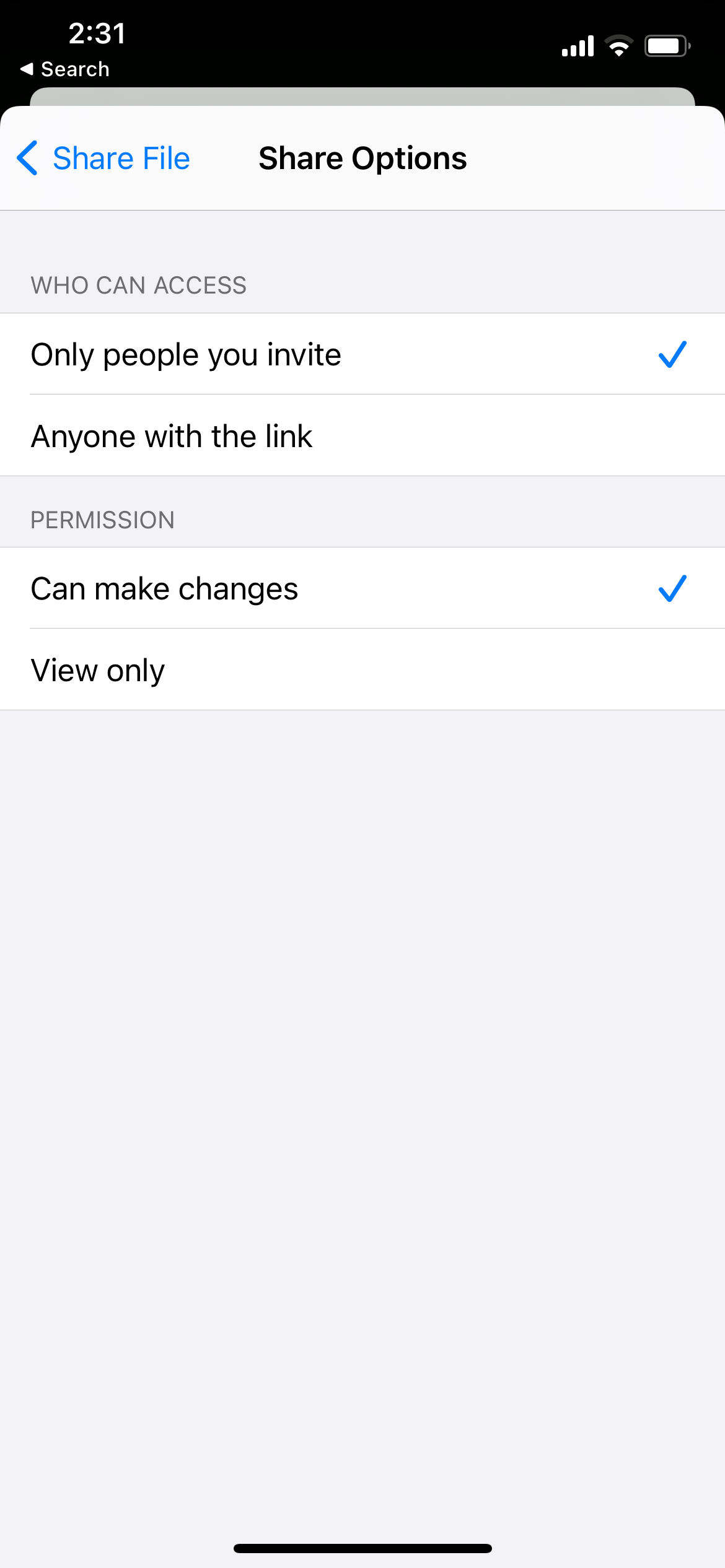 iCloud Share Options on iPhone