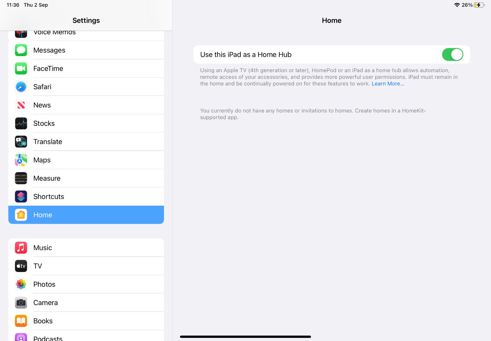 iPad Home Hub option in Settings
