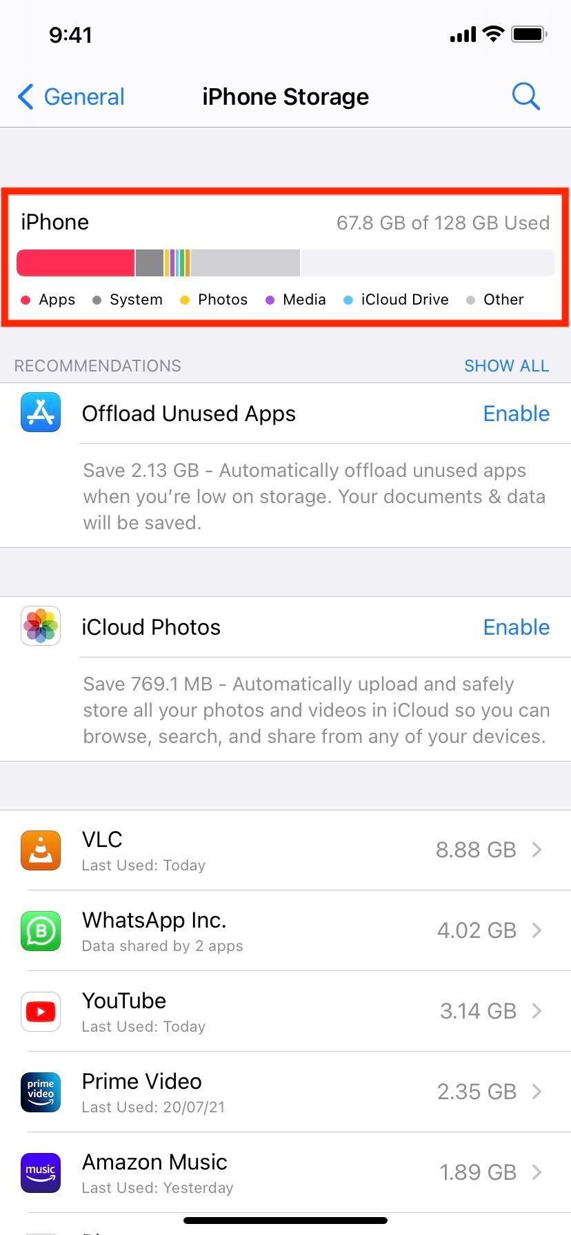 iPhone Storage in Settings App