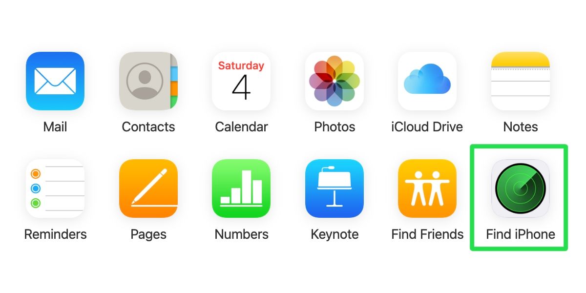 iCloud web panel with Find iPhone highlighted