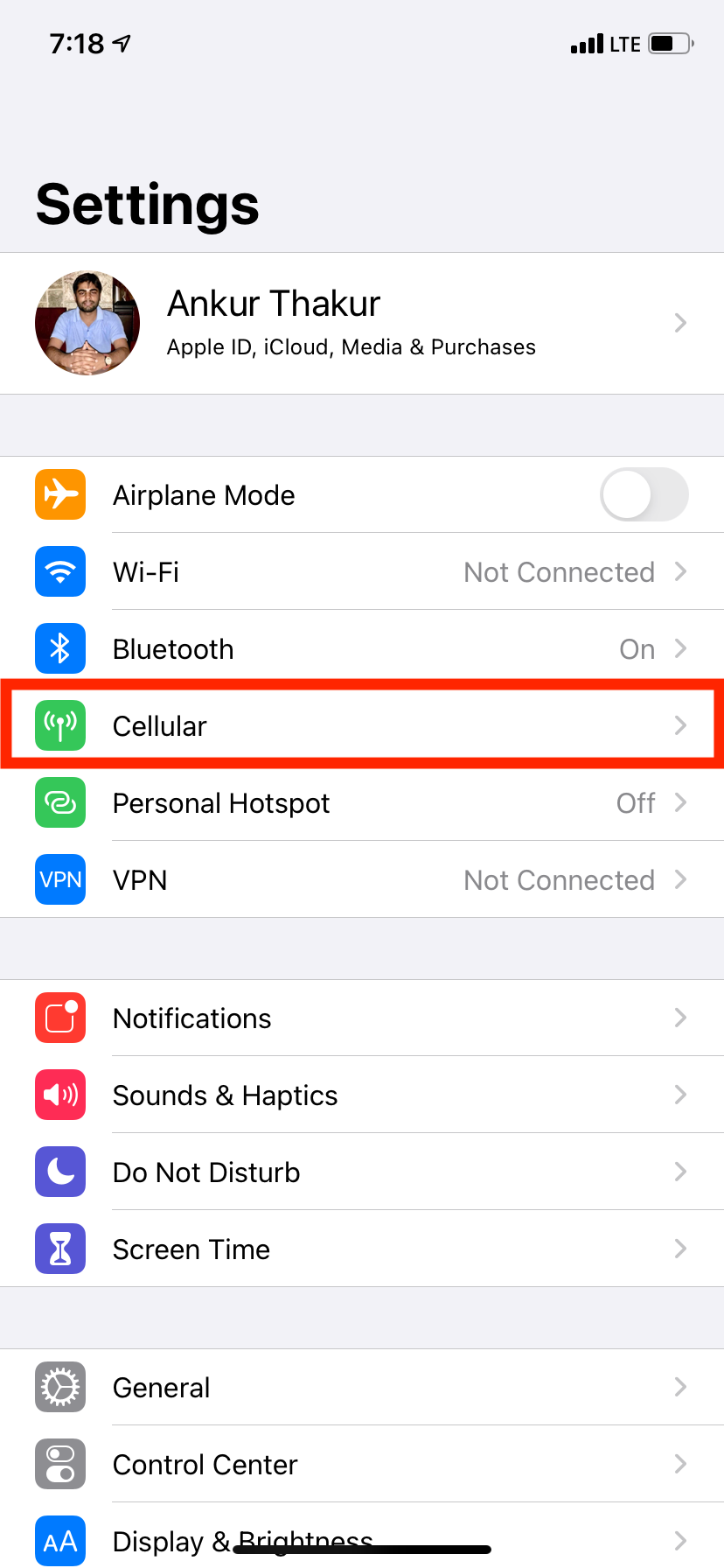 In iPhone Settings tap Cellular