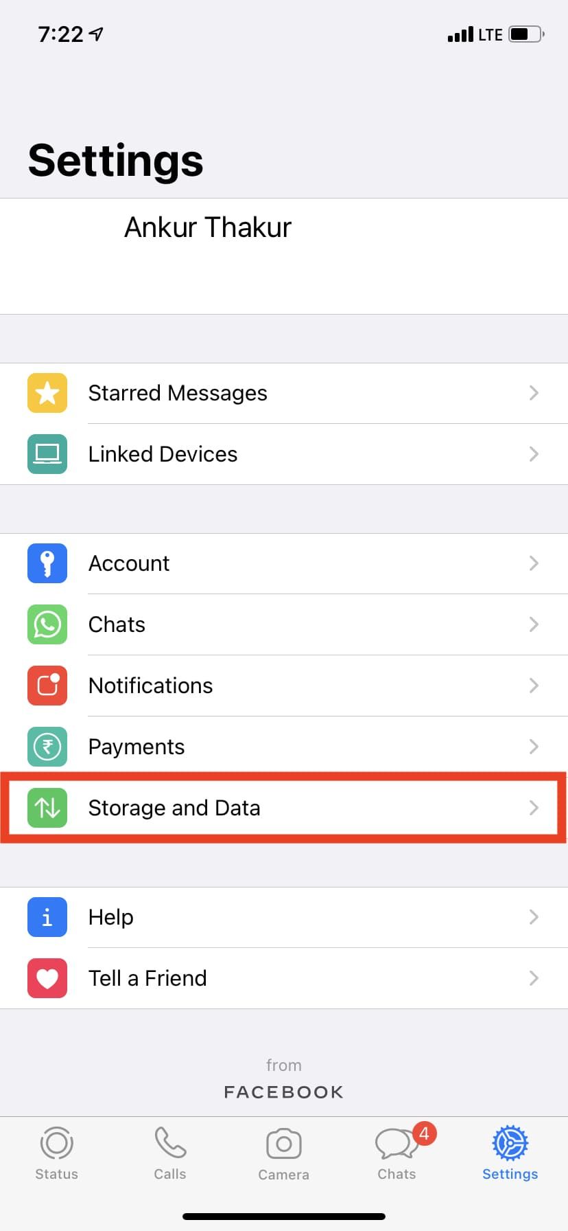 In iPhone WhatsApp Settings tap Storage and Data