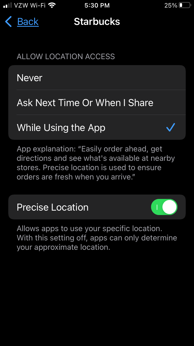 A location settings menu for the Starbucks app with location preferences set to 