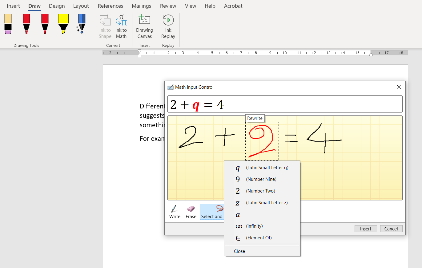 So zeichnen Sie mit Stiftwerkzeugen in Microsoft Word - ink to math input window on microsoft word