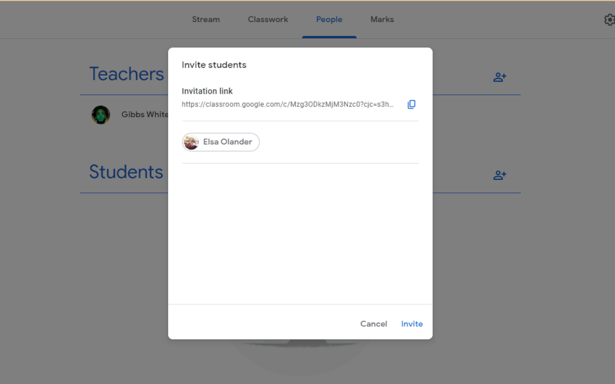 Invite students tabs pop up