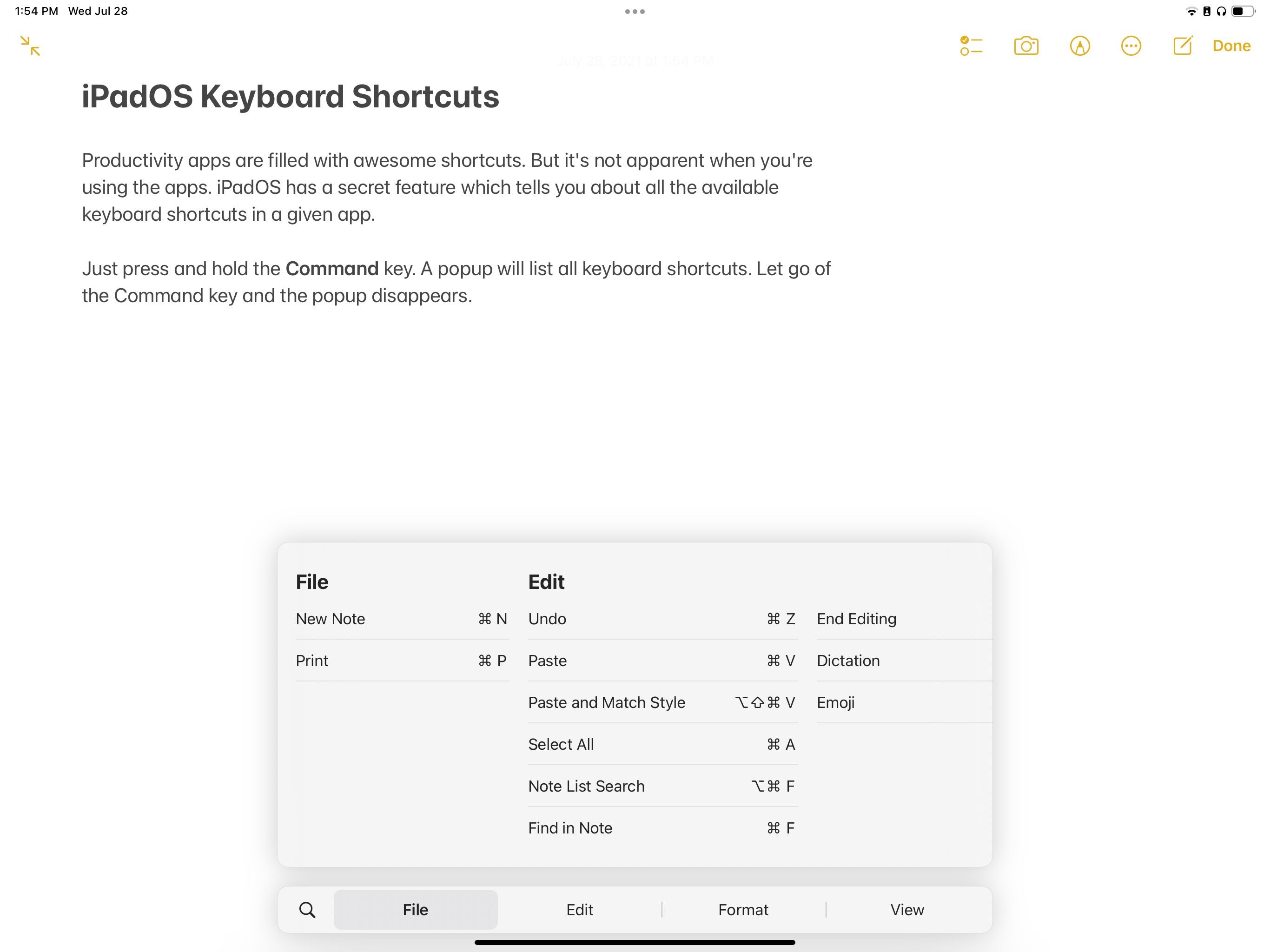 ipad keyboard shortcuts menu command