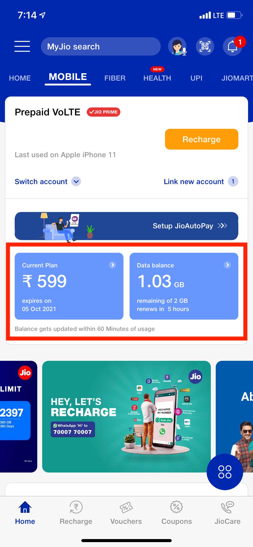 Jio iPhone app showing how much data is left