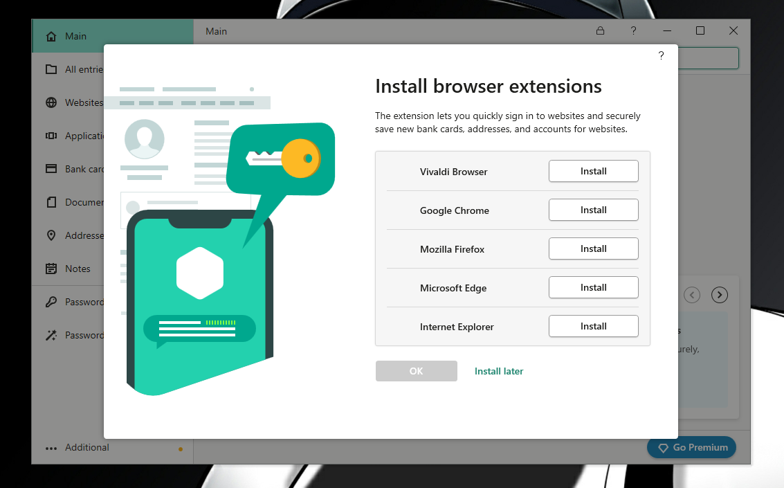 Kaspersky password manager showing the installation screen for its browser extension